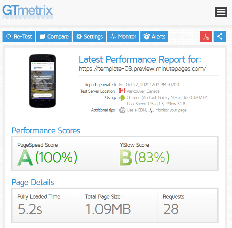 minute pages template 3 gt metrix mobile page speed